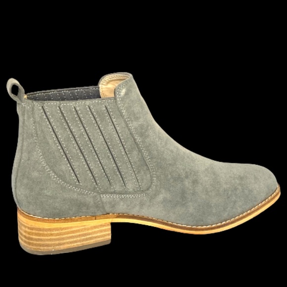 HEATHER GREY FAUX SUEDE SLIP ON ANKLE BOOTIE WITH PLEATED DETAIL AND WOOD HEEL - Picture 3 of 5